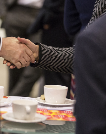 Two WIG members networking and shaking hands